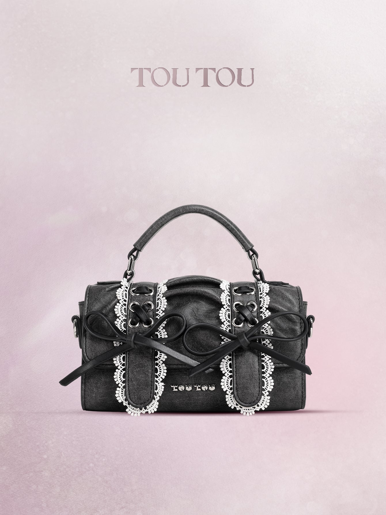 TOUTOU Black Barrel Bag with Lace & Bow Accents: Y2K - Inspired Cute Goth Style