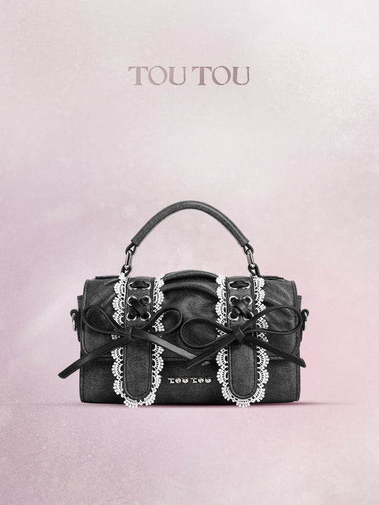 TOUTOU Black Barrel Bag with Lace & Bow Accents: Y2K - Inspired Cute Goth Style