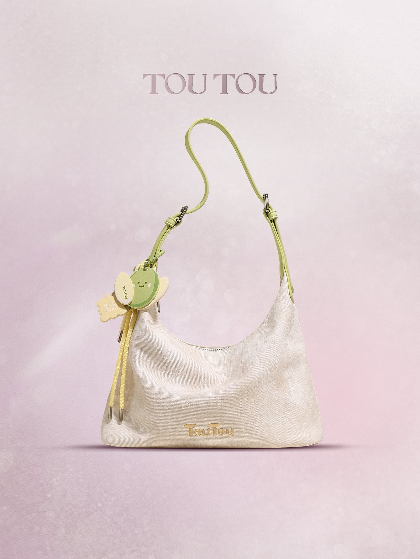 TOUTOU Beige Hobo Bag: Cute Fruit Pendant & Adjustable Strap