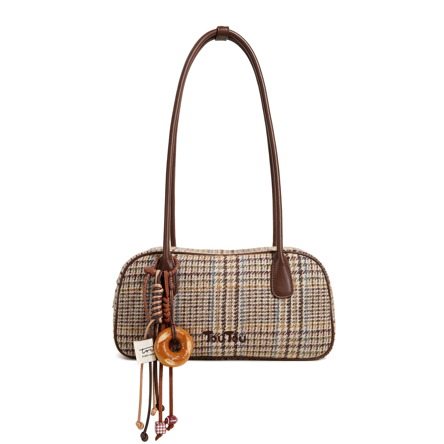 TOUTOU Plaid Woolen Shoulder Bag - Retro Style Top-Handle Bag with Donut Pendant