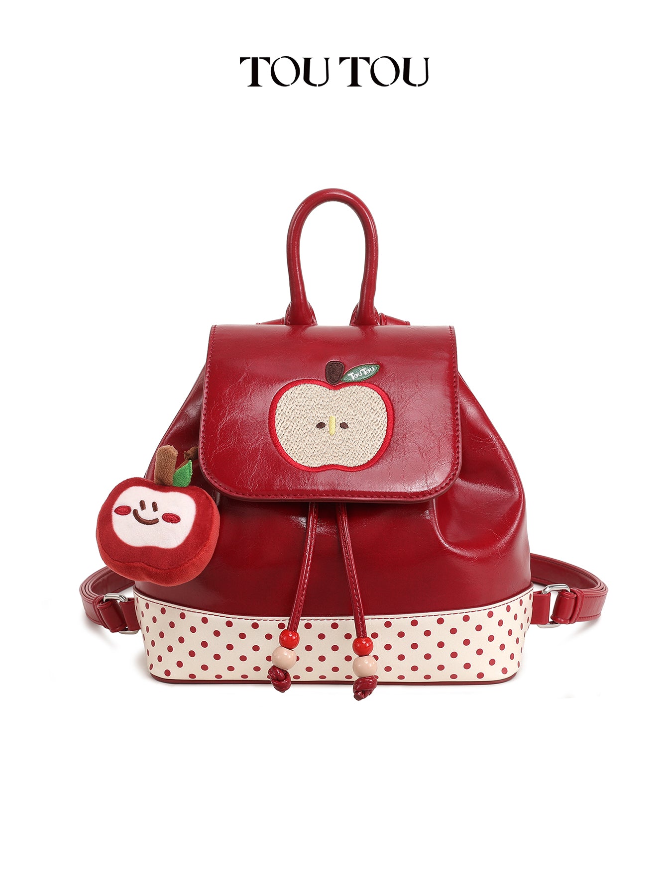 TOUTOU Cute Apple Embroidered Mini Backpack - Red Synthetic Leather Bag with Plush Pendant
