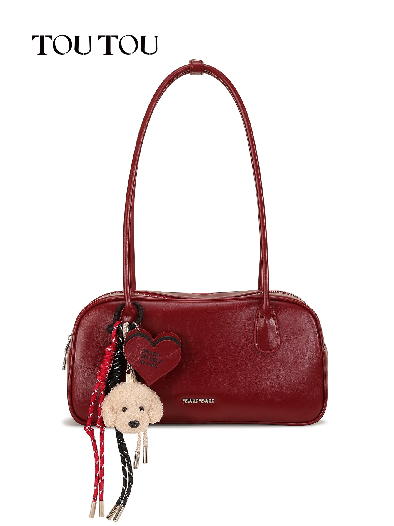 TOUTOU Red Faux Leather Shoulder Bag - Plush Dog & Heart Charm, Retro Barrel Bag