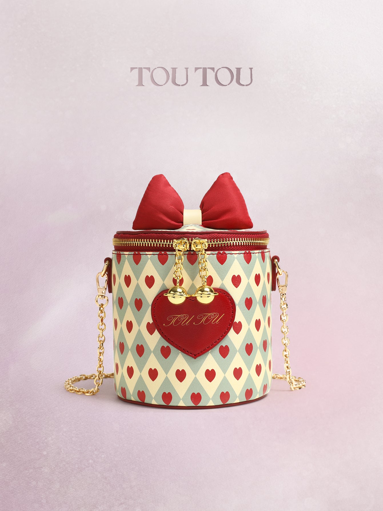 TOUTOU Heart Print Cylinder Crossbody Bag - Cute Bow Decor Mini Shoulder Bag with Chain Strap