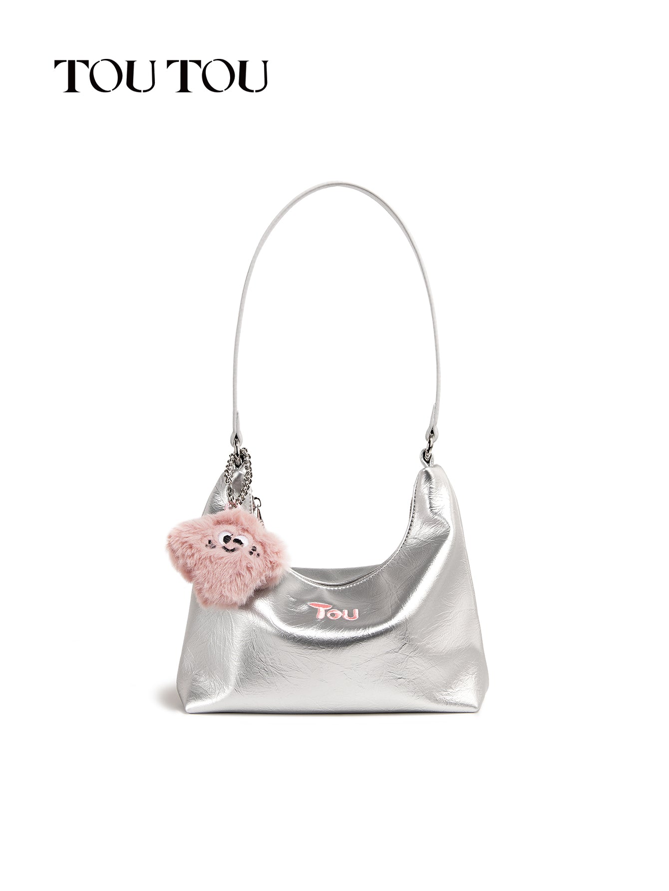 TOUTOU Metallic Hobo Bag with Plush Pendant: Shiny & Cute