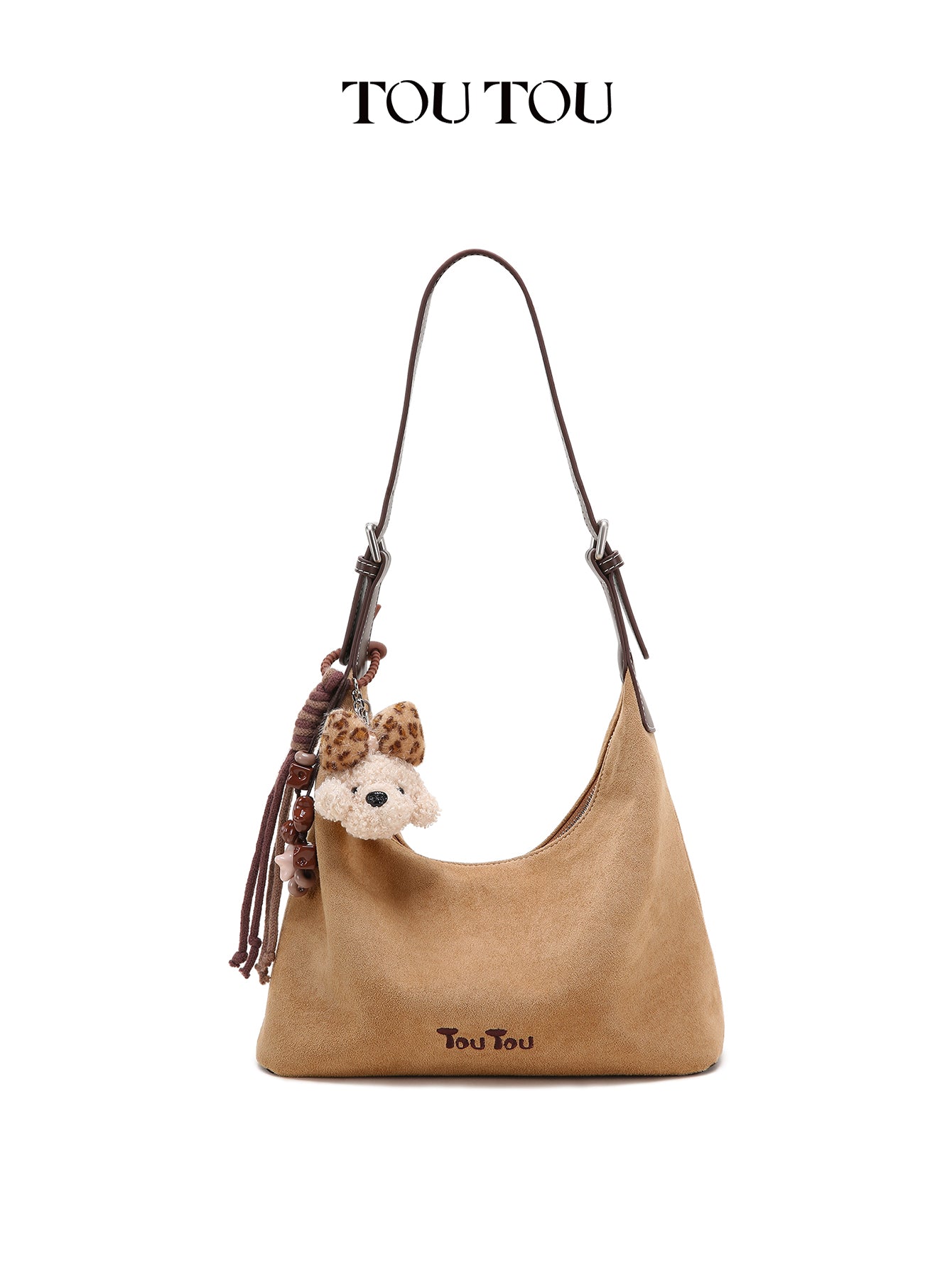 TOUTOU Leopard Print Hobo Bag for Women with Plush Puppy Pendant | Adjustable Strap & Synthetic Leather