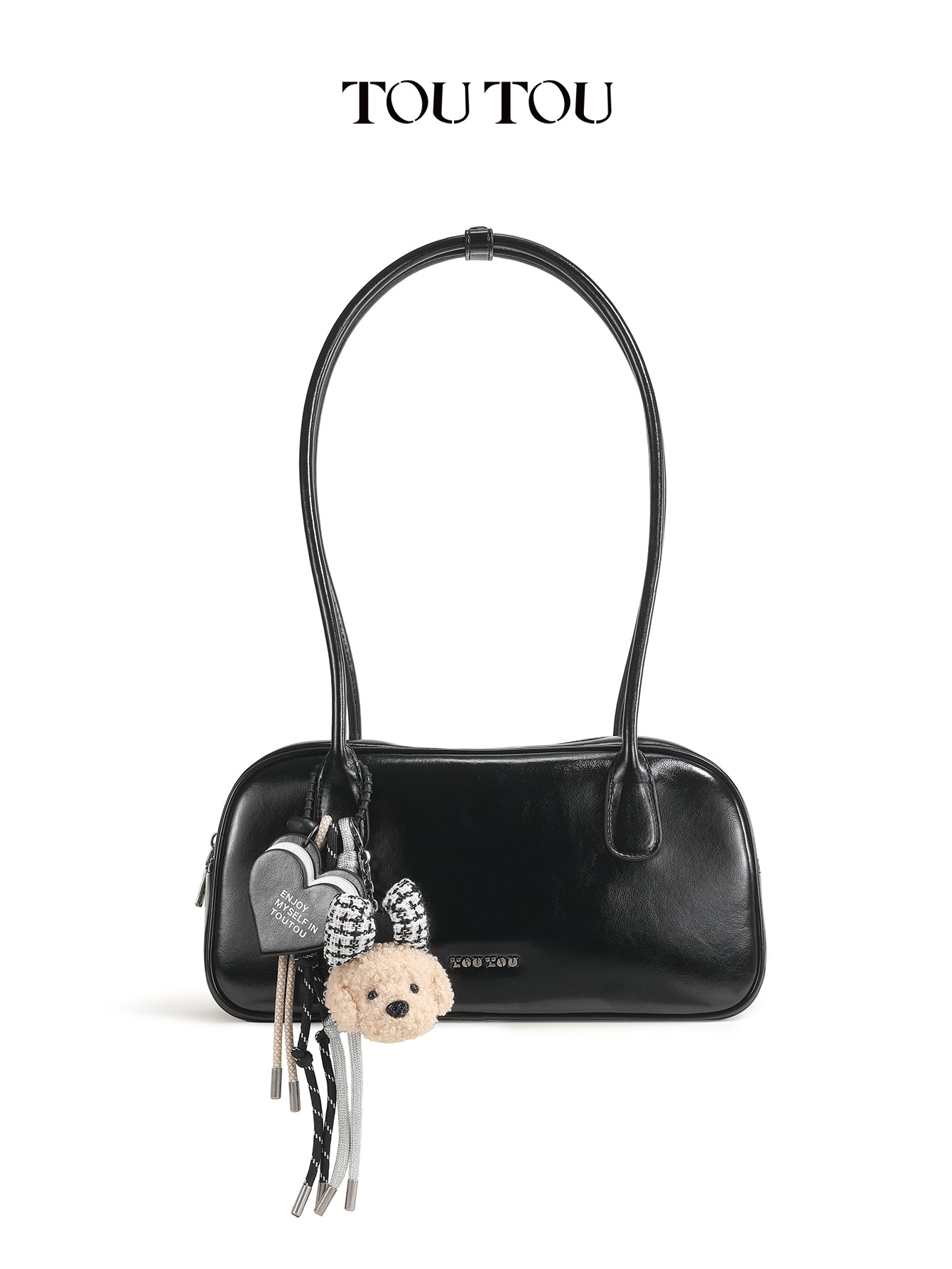 TOUTOU Red Faux Leather Shoulder Bag - Plush Dog & Heart Charm, Retro Barrel Bag