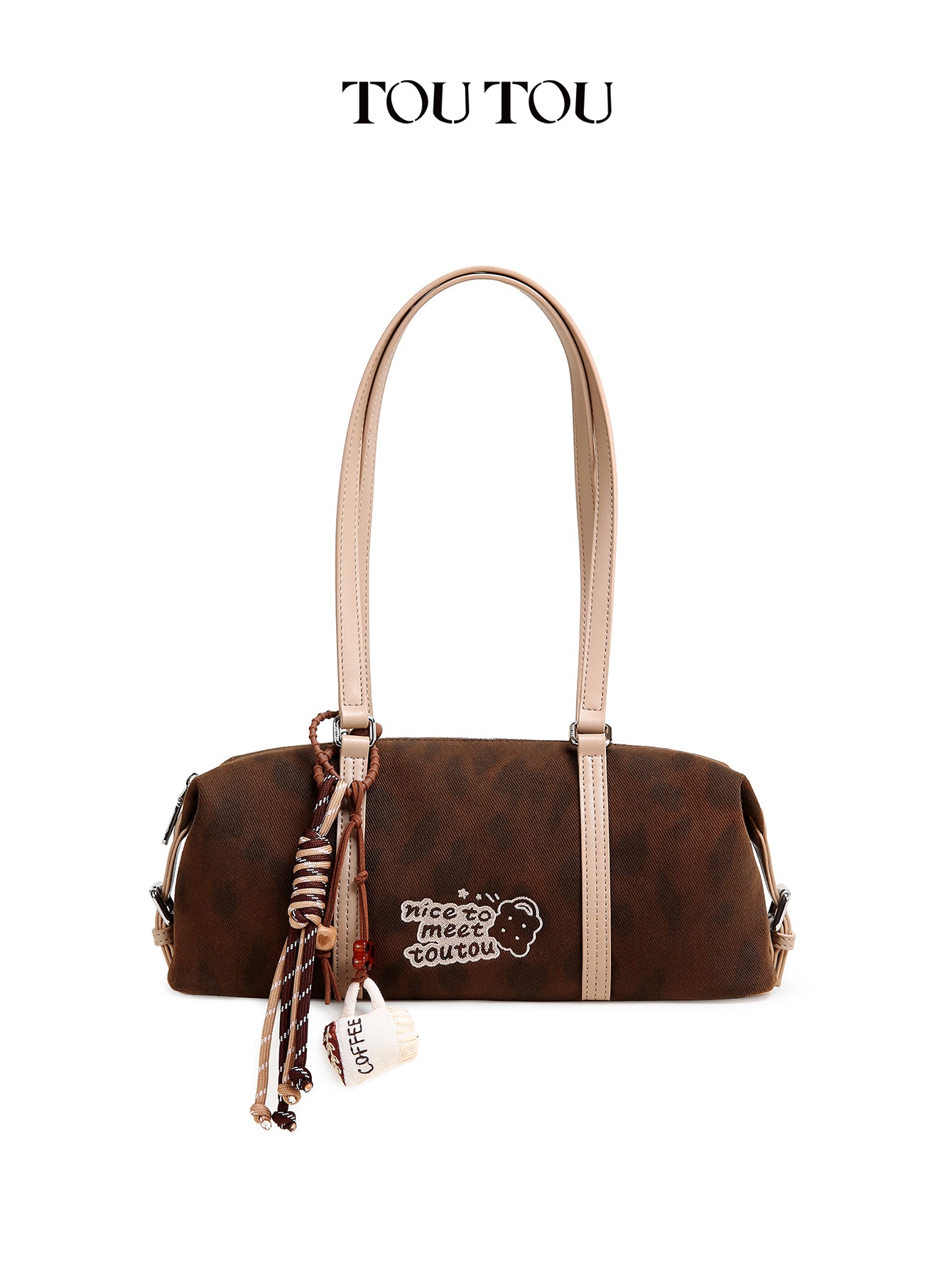 TOUTOU Brown Hobo Shoulder Bag - Cute "Nice to Meet Toutou" Embroidery & Coffee Charm, Fits 8.3" Tablet