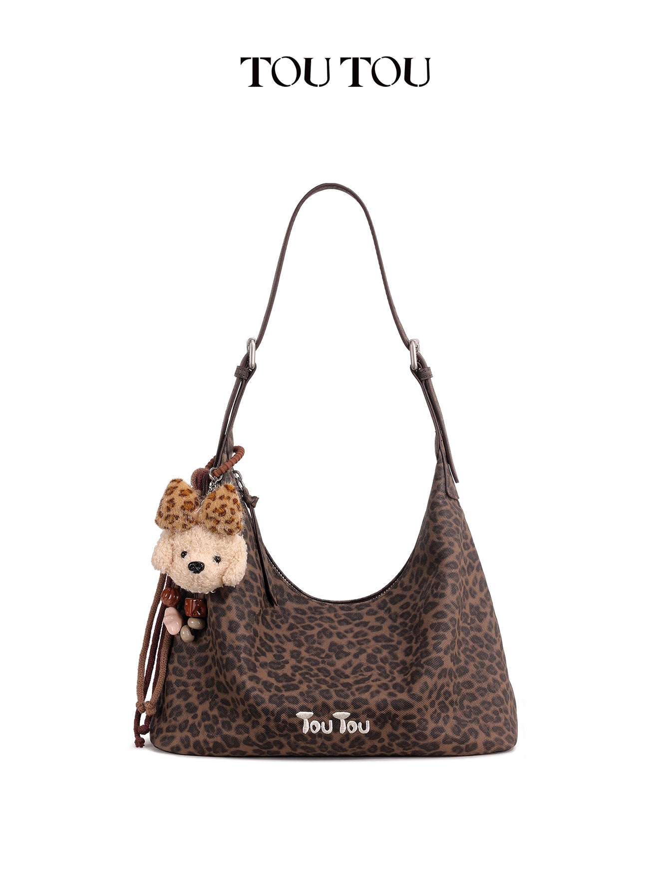 TOUTOU Leopard Print Hobo Bag for Women with Plush Puppy Pendant | Adjustable Strap & Synthetic Leather