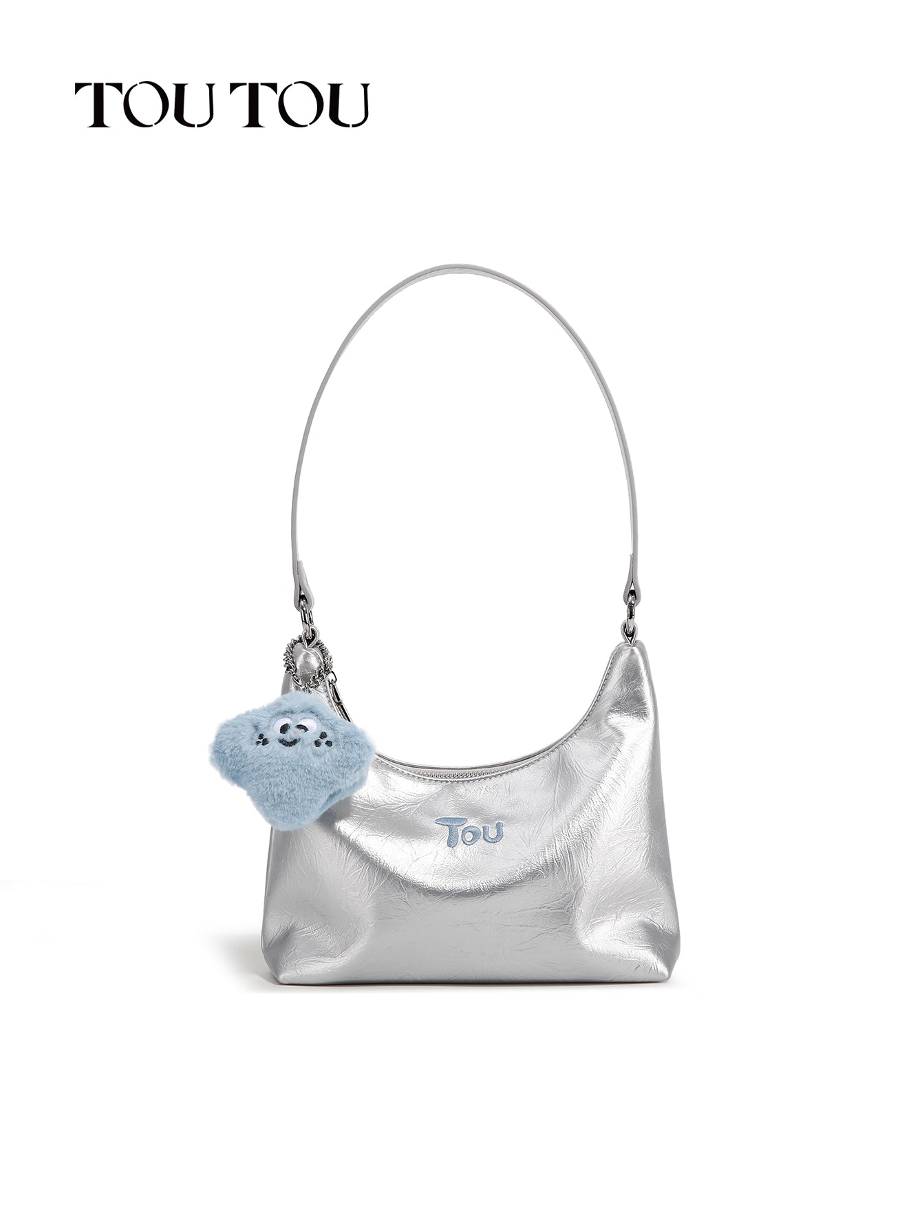 TOUTOU Metallic Hobo Bag with Plush Pendant: Shiny & Cute