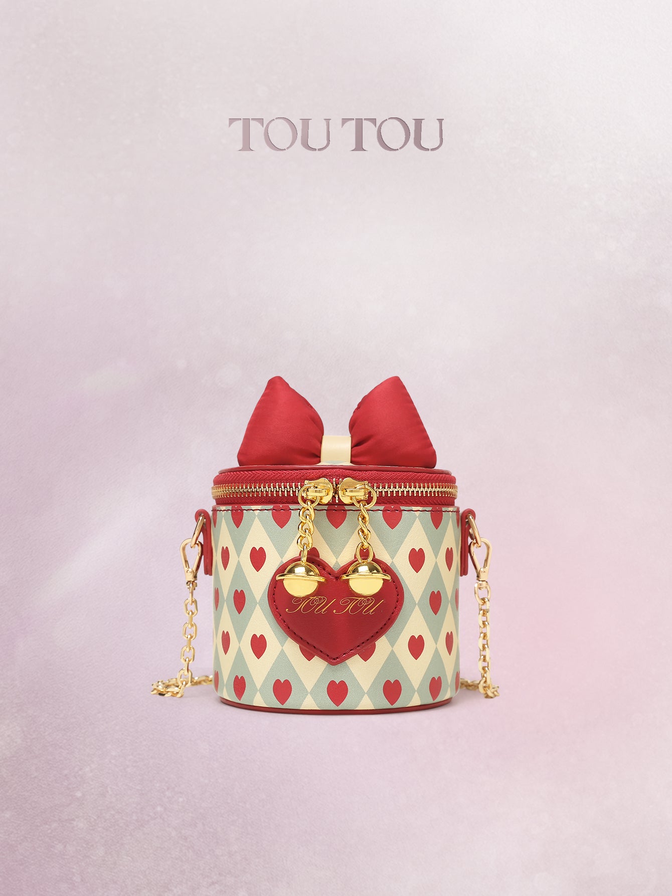 TOUTOU Heart Print Cylinder Crossbody Bag - Cute Bow Decor Mini Shoulder Bag with Chain Strap