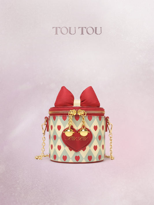 TOUTOU Heart Print Cylinder Crossbody Bag - Cute Bow Decor Mini Shoulder Bag with Chain Strap