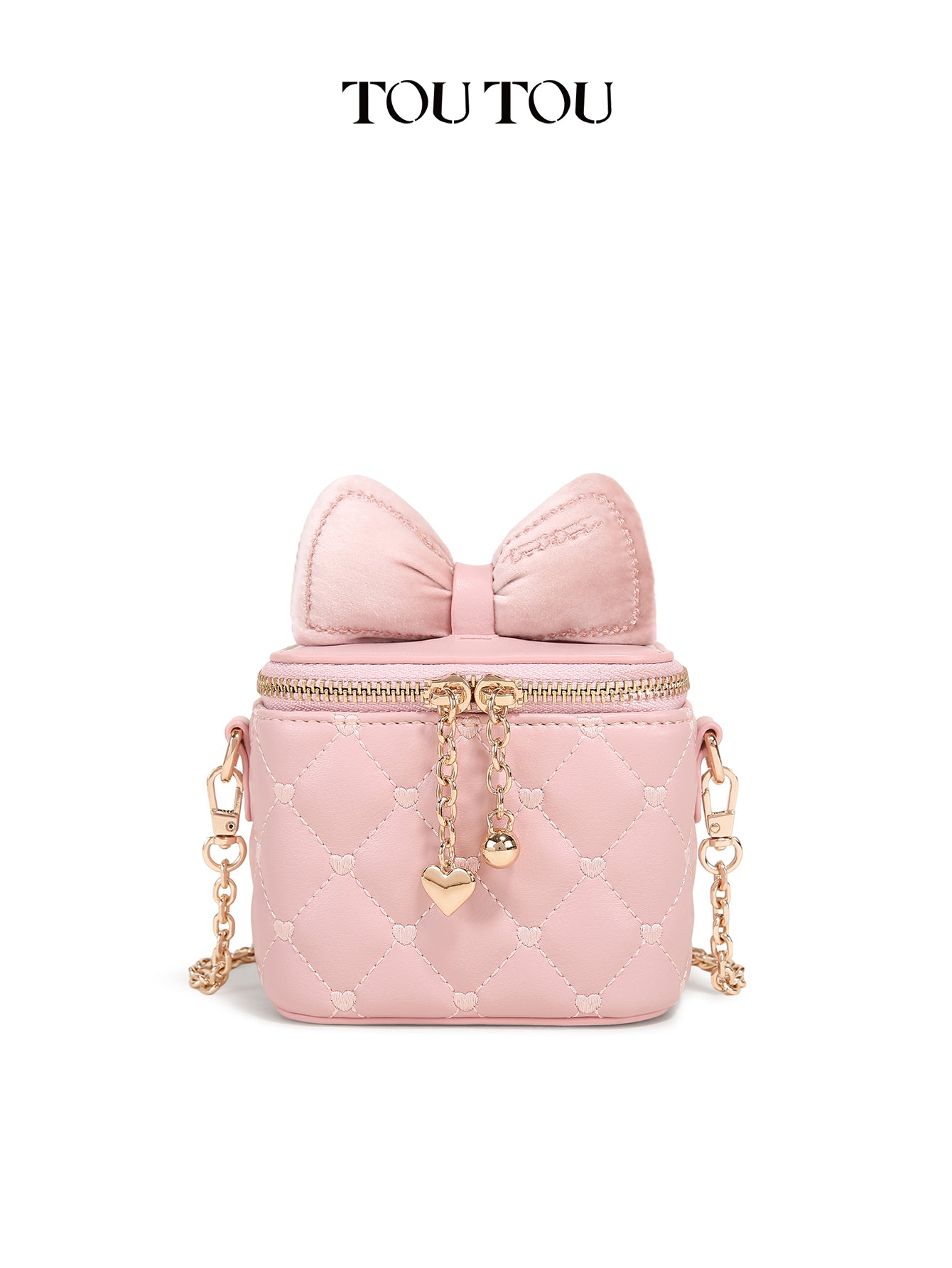 TOUTOU Cute Pink Mini Crossbody Bag with Velvet Bow - Quilted Heart Pattern Purse for Women