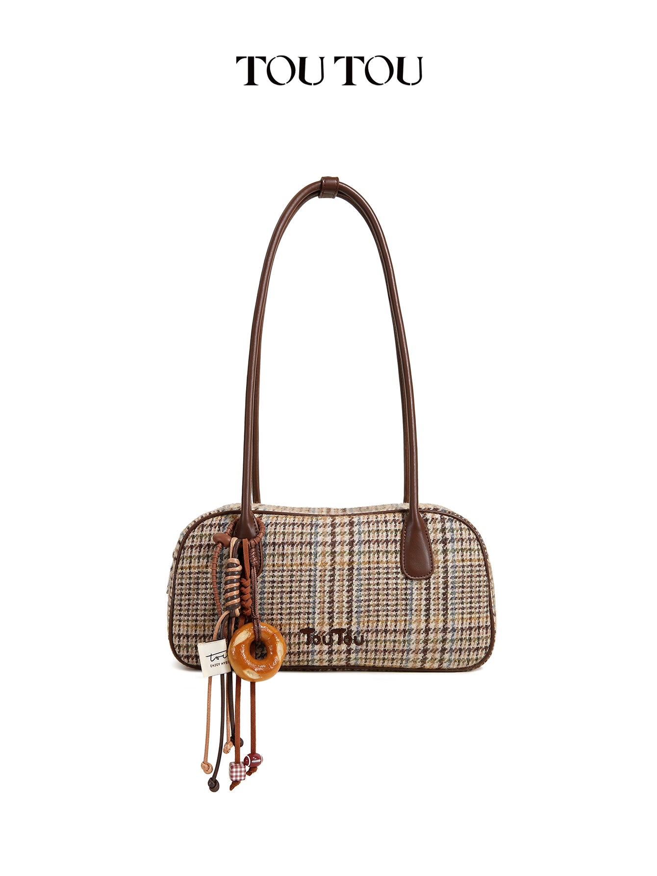 TOUTOU Plaid Woolen Shoulder Bag - Retro Style Top-Handle Bag with Donut Pendant