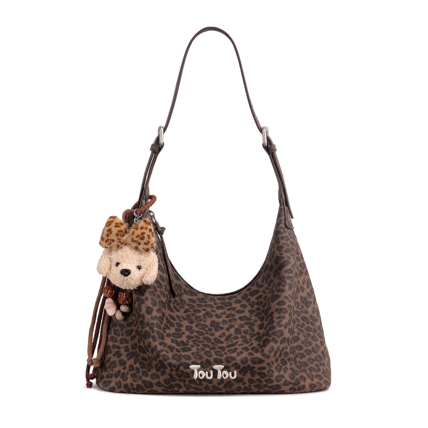 TOUTOU Leopard Print Hobo Bag for Women with Plush Puppy Pendant | Adjustable Strap & Synthetic Leather