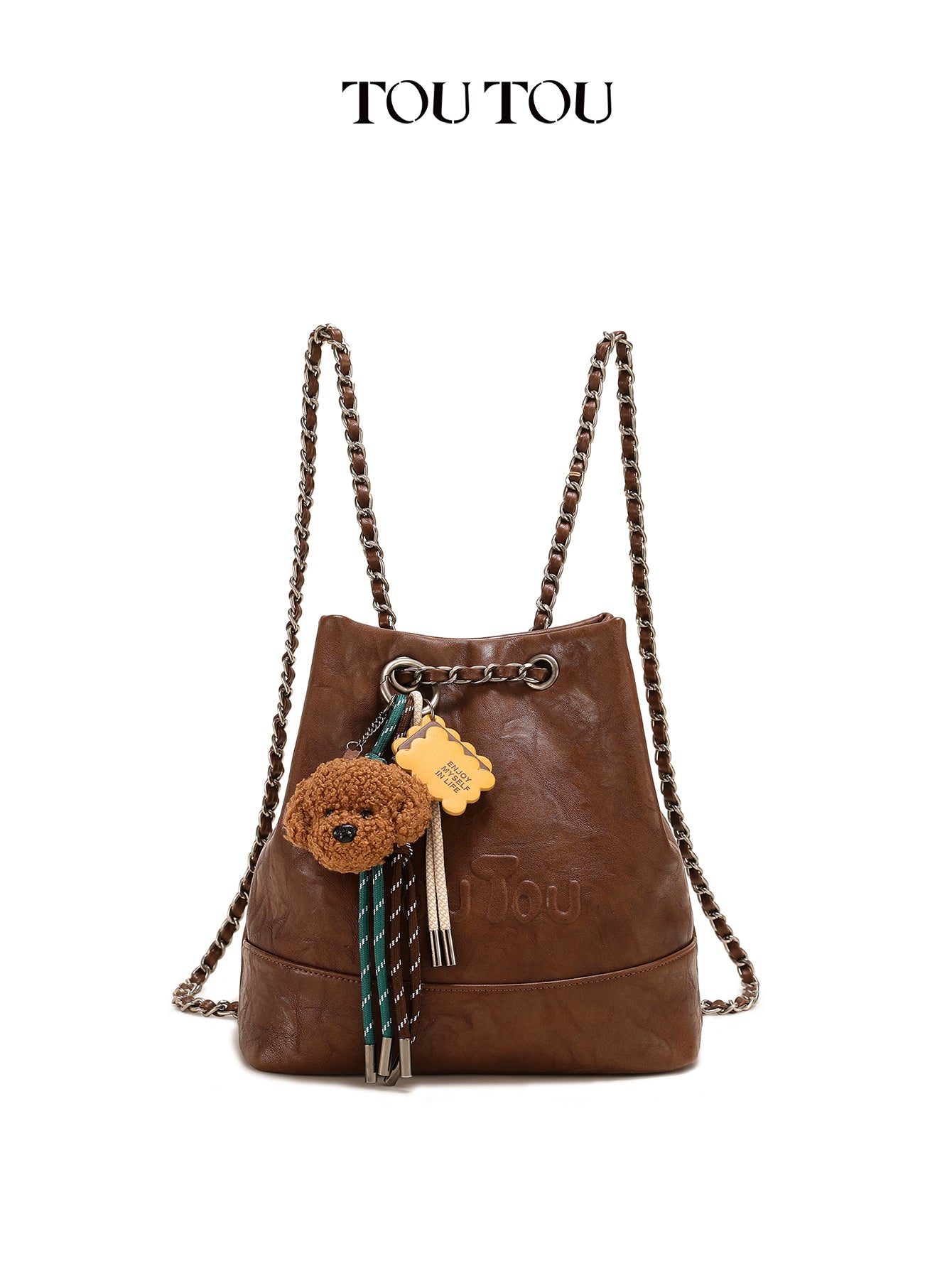 TOUTOU Brown Bucket Bag with Plush Dog Pendant | Adjustable Chain Strap & Microfiber Leather
