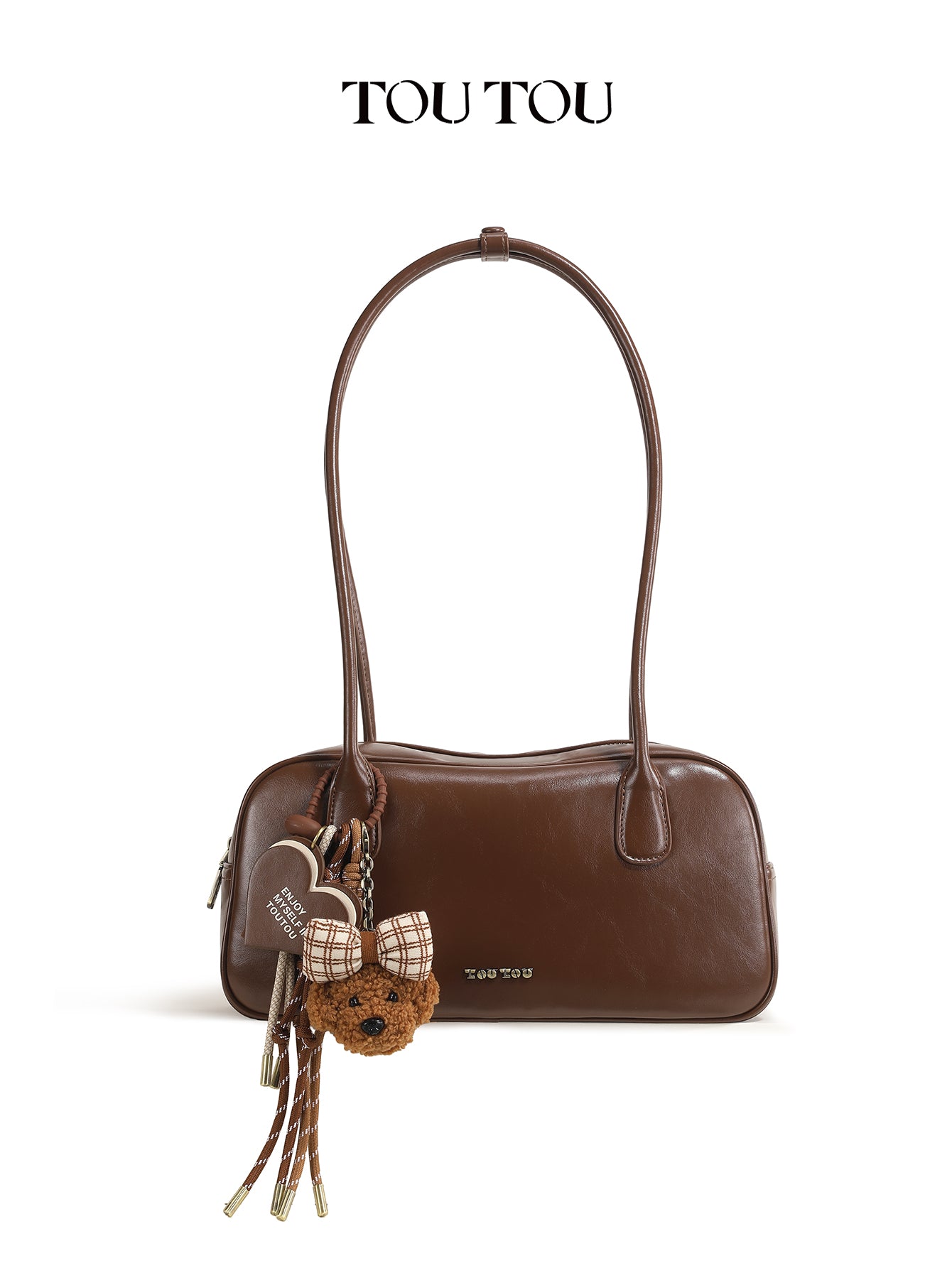 TOUTOU Red Faux Leather Shoulder Bag - Plush Dog & Heart Charm, Retro Barrel Bag