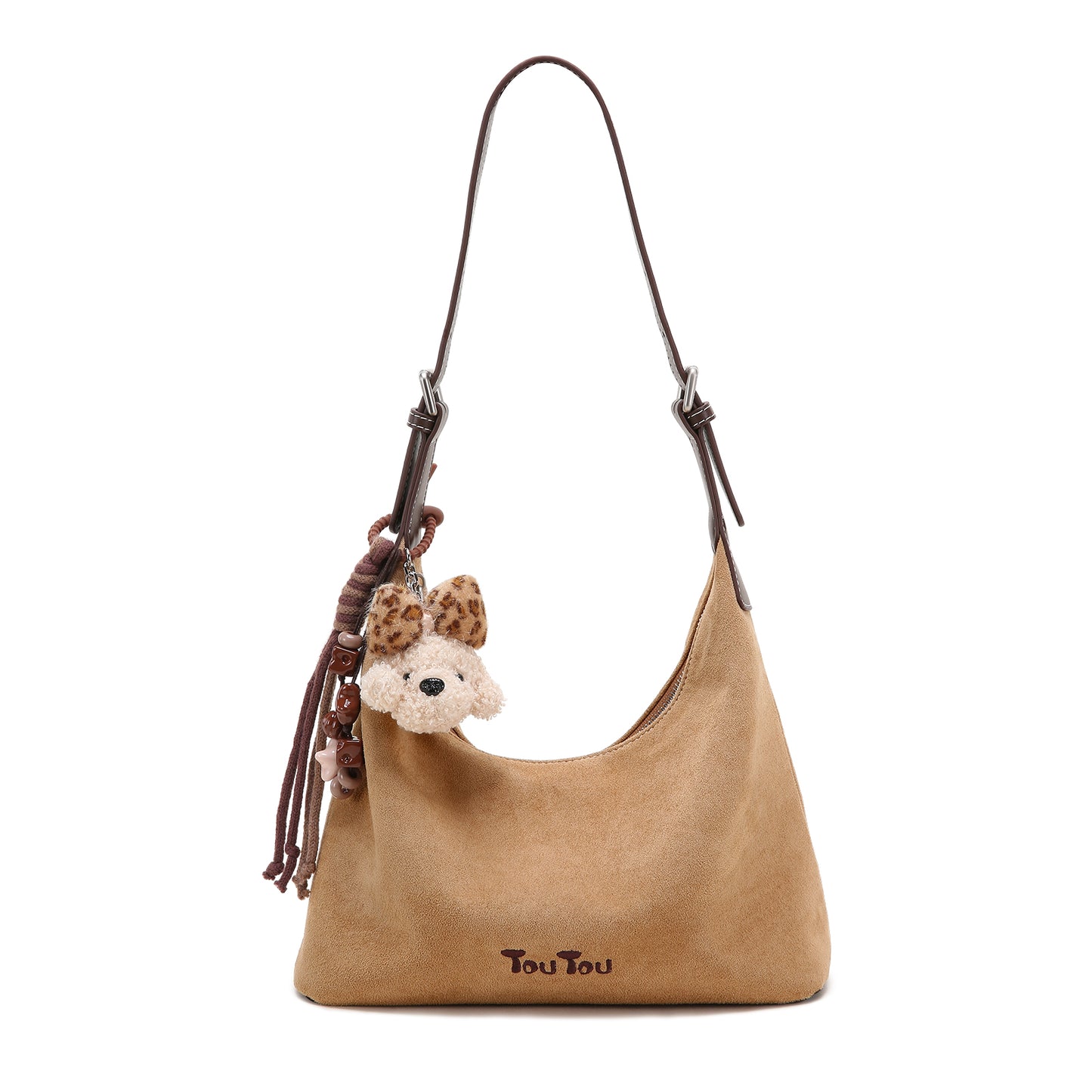 TOUTOU Leopard Print Hobo Bag for Women with Plush Puppy Pendant | Adjustable Strap & Synthetic Leather