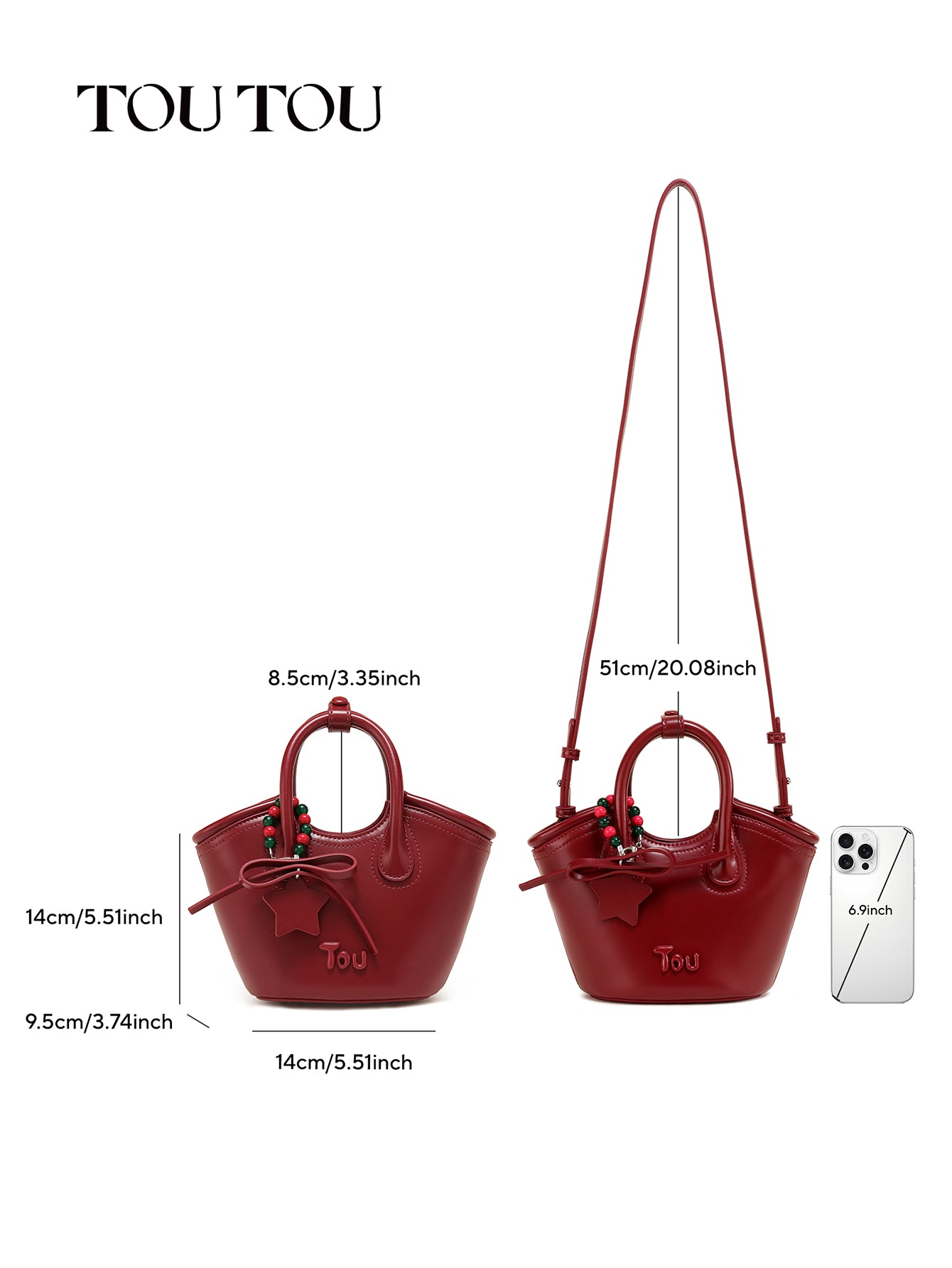 TOUTOU Red Bucket Bag: Star - Bead Accents, Chic Versatility