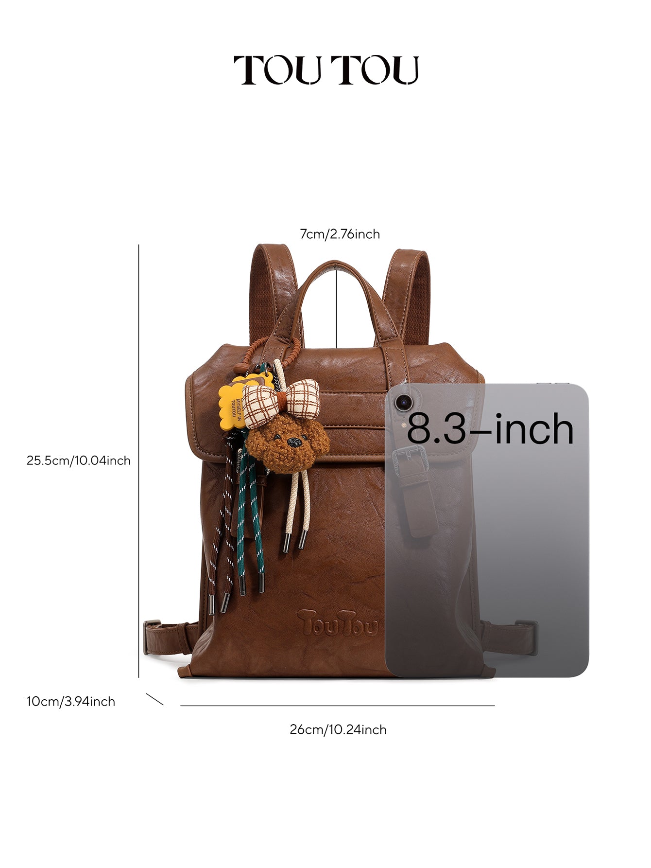 TOUTOU Vintage Microfiber Leather Backpack with Plush Pendant – Fits 8.3'' Device, Adjustable Strap