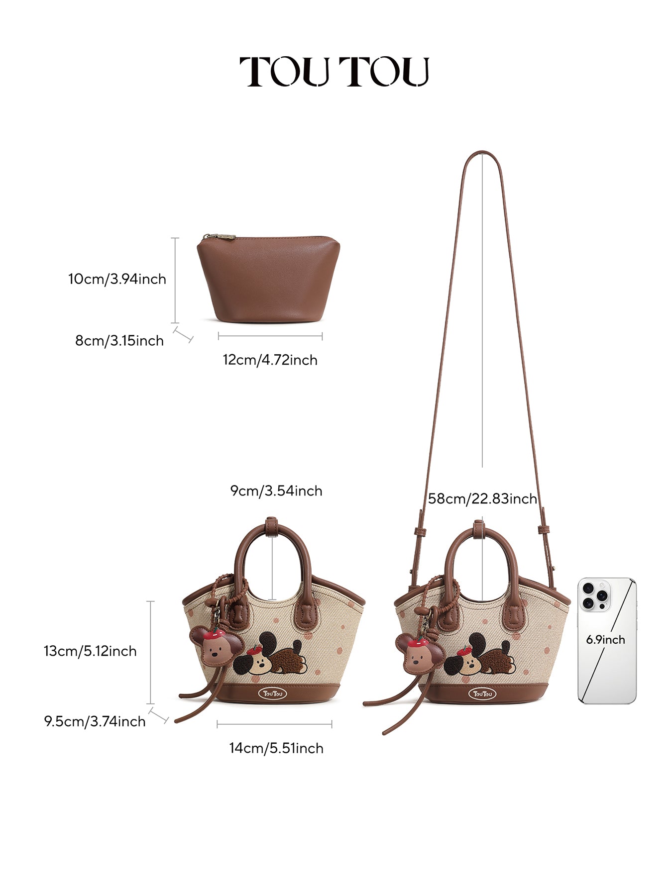 TOUTOU Cartoon Dog Embroidered Tote Bag - Mother-Daughter Set with Removable Strap & Cosmetic Pouch
