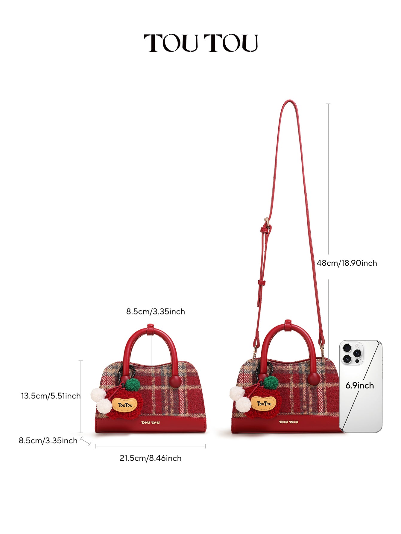 TOUTOU Plaid Mini Handbag - Cute Apple Charm, 2-Way Carry (Handheld & Crossbody), Vintage Checkered Design
