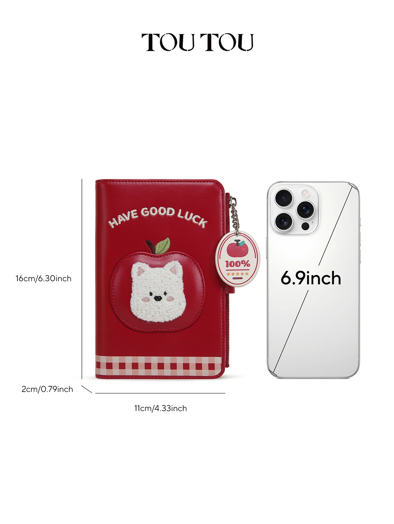 TOUTOU Cute Red “Have Good Luck” Wallet - Lucky Cat & Apple Charm, Multi-Slot Organizer for Cards, Cash & Passport