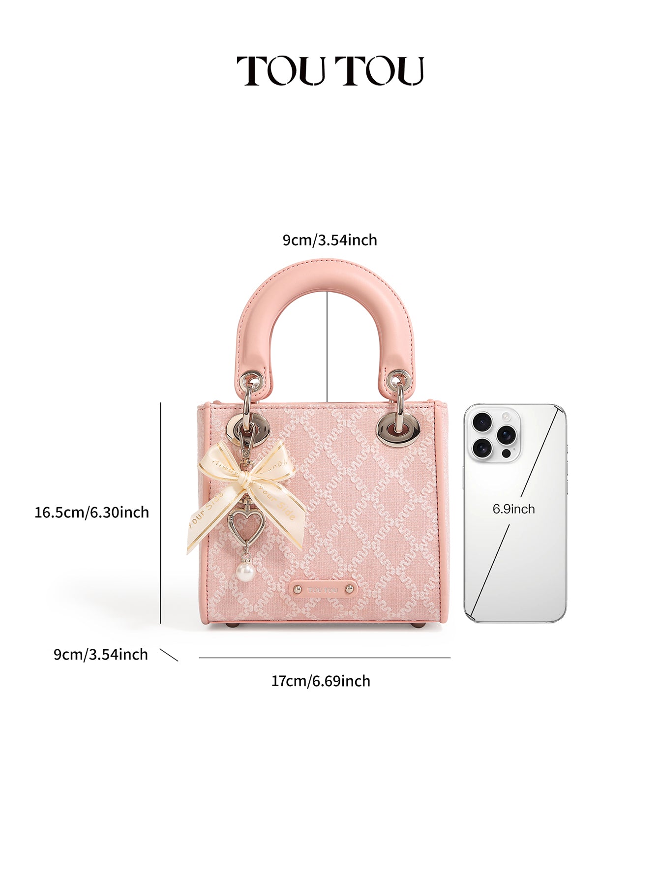 TOUTOU Embroidered Mini Handbag Bag: Bow & Pearl Charm, 3 - Color Options
