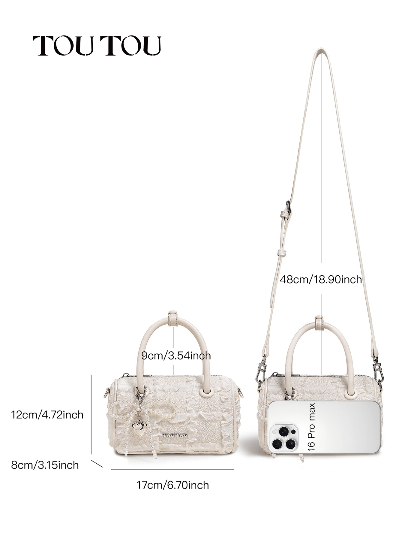 TOUTOU Mini White Barrel Bag: Lace - Trimmed & Pearl - Accented Elegance