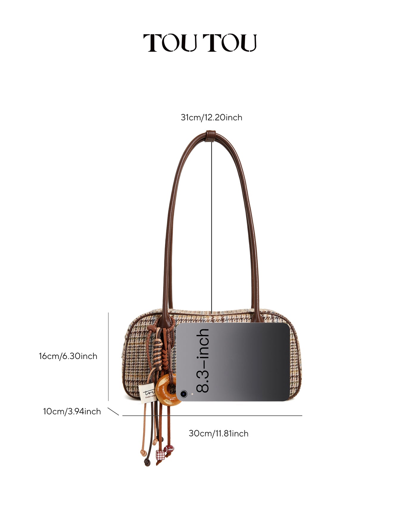 TOUTOU Plaid Woolen Shoulder Bag - Retro Style Top-Handle Bag with Donut Pendant