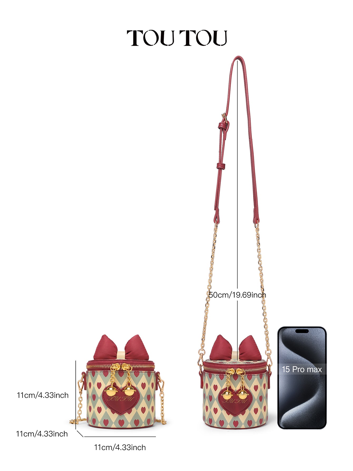 TOUTOU Heart Print Cylinder Crossbody Bag - Cute Bow Decor Mini Shoulder Bag with Chain Strap