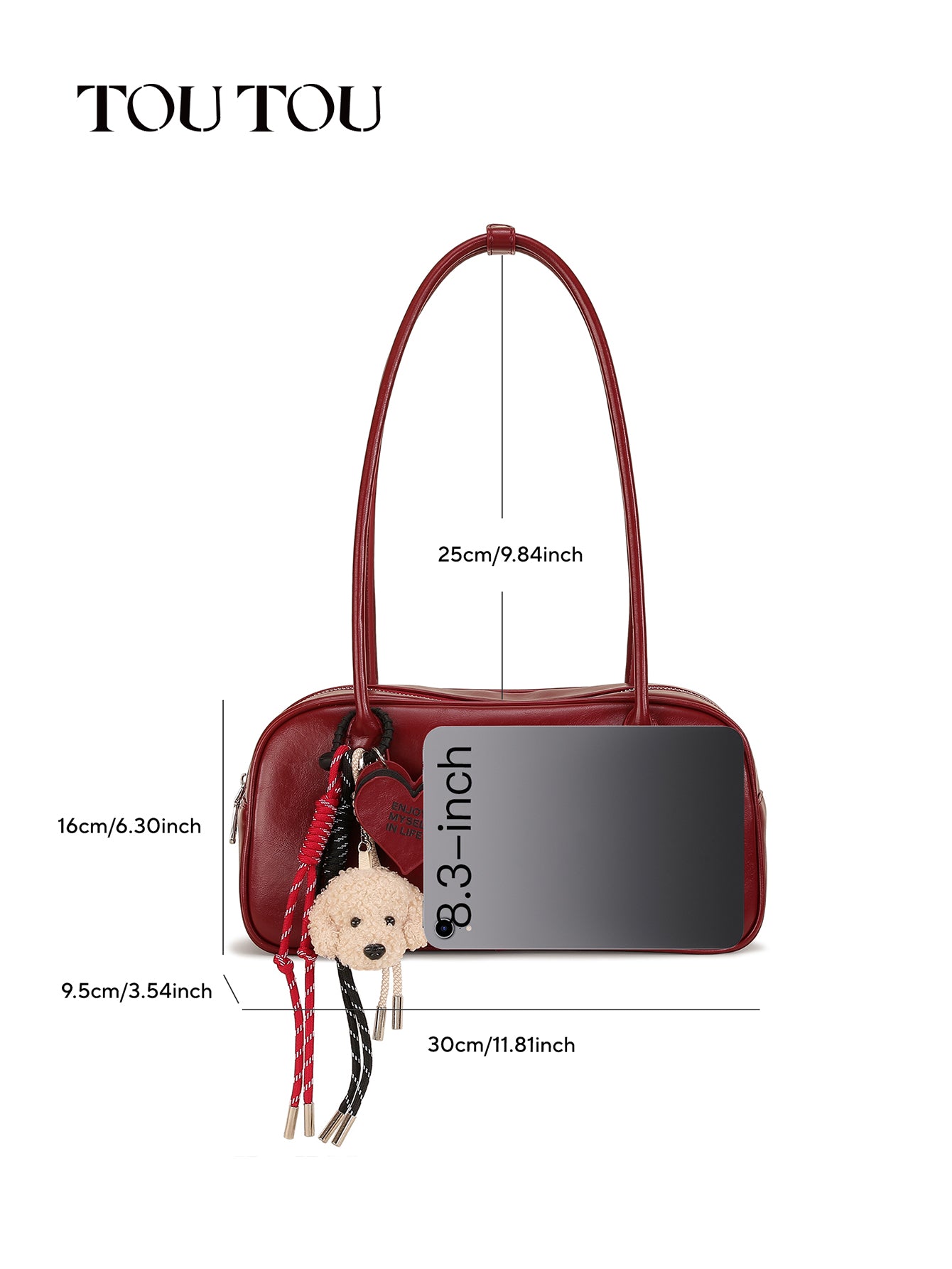 TOUTOU Red Faux Leather Shoulder Bag - Plush Dog & Heart Charm, Retro Barrel Bag