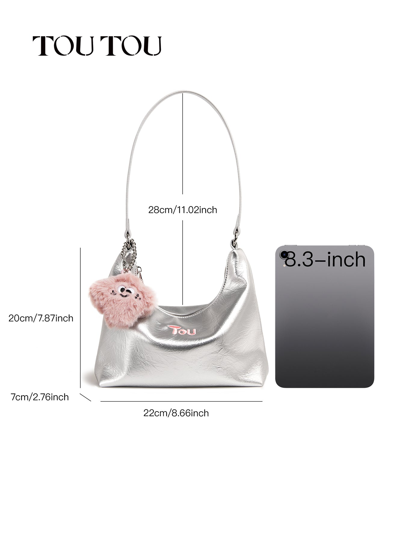 TOUTOU Metallic Hobo Bag with Plush Pendant: Shiny & Cute