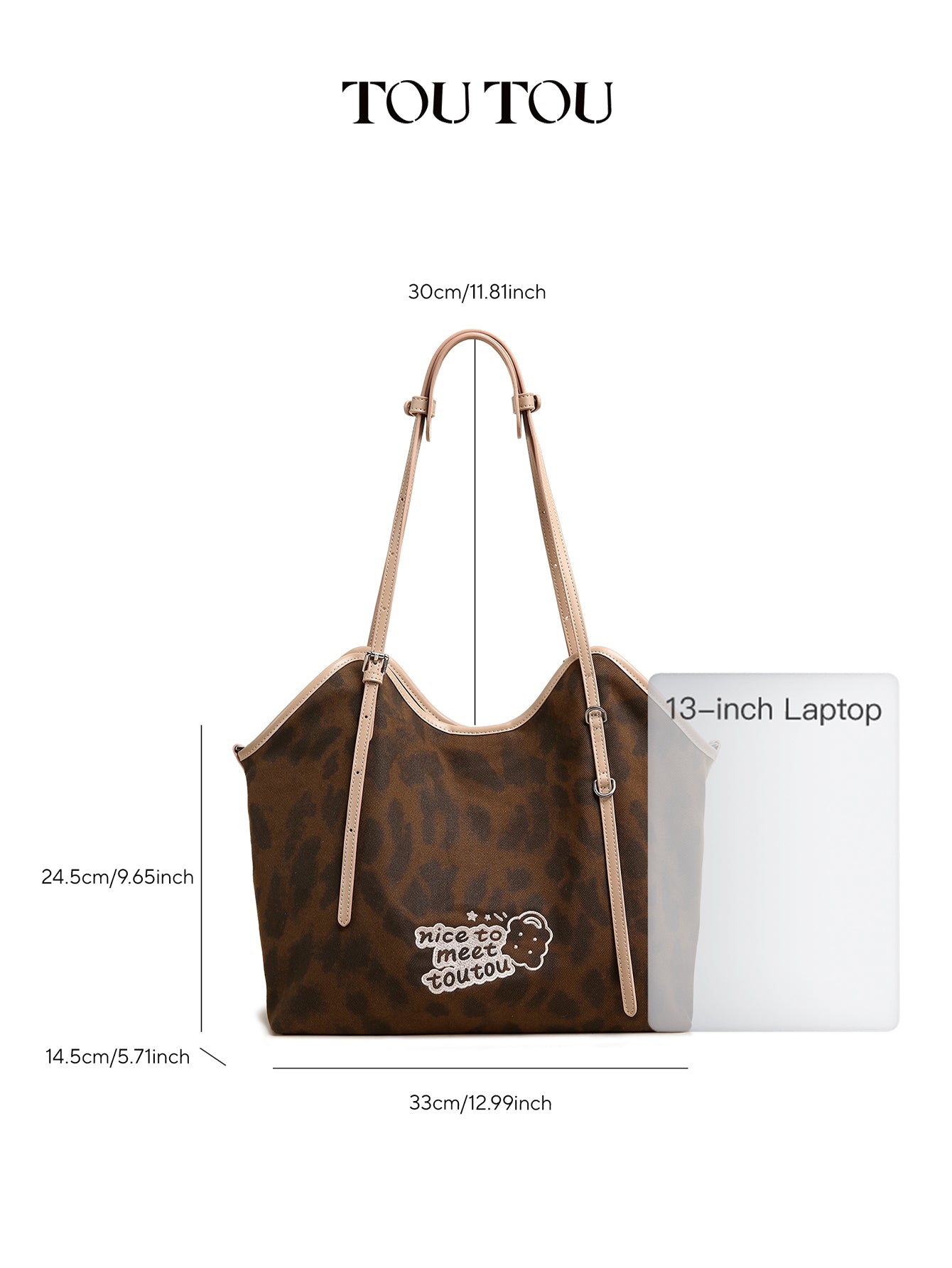 TOUTOU Leopard Print Tote Bag with “Nice to Meet Toutou” Embroidery - Spacious Shoulder Bag for Daily Use (Fits 13" Laptop)