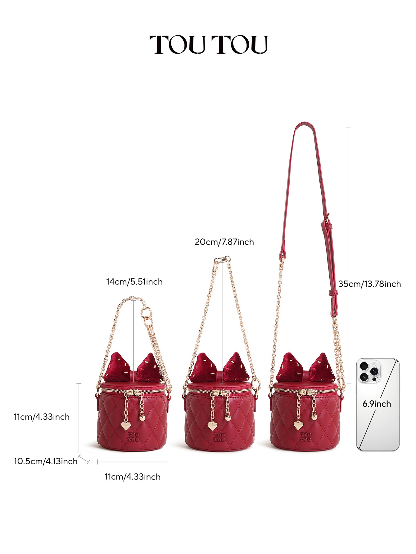 TOUTOU Red Quilted Bucket Bag with Bow & Chain: Sweet & Chic