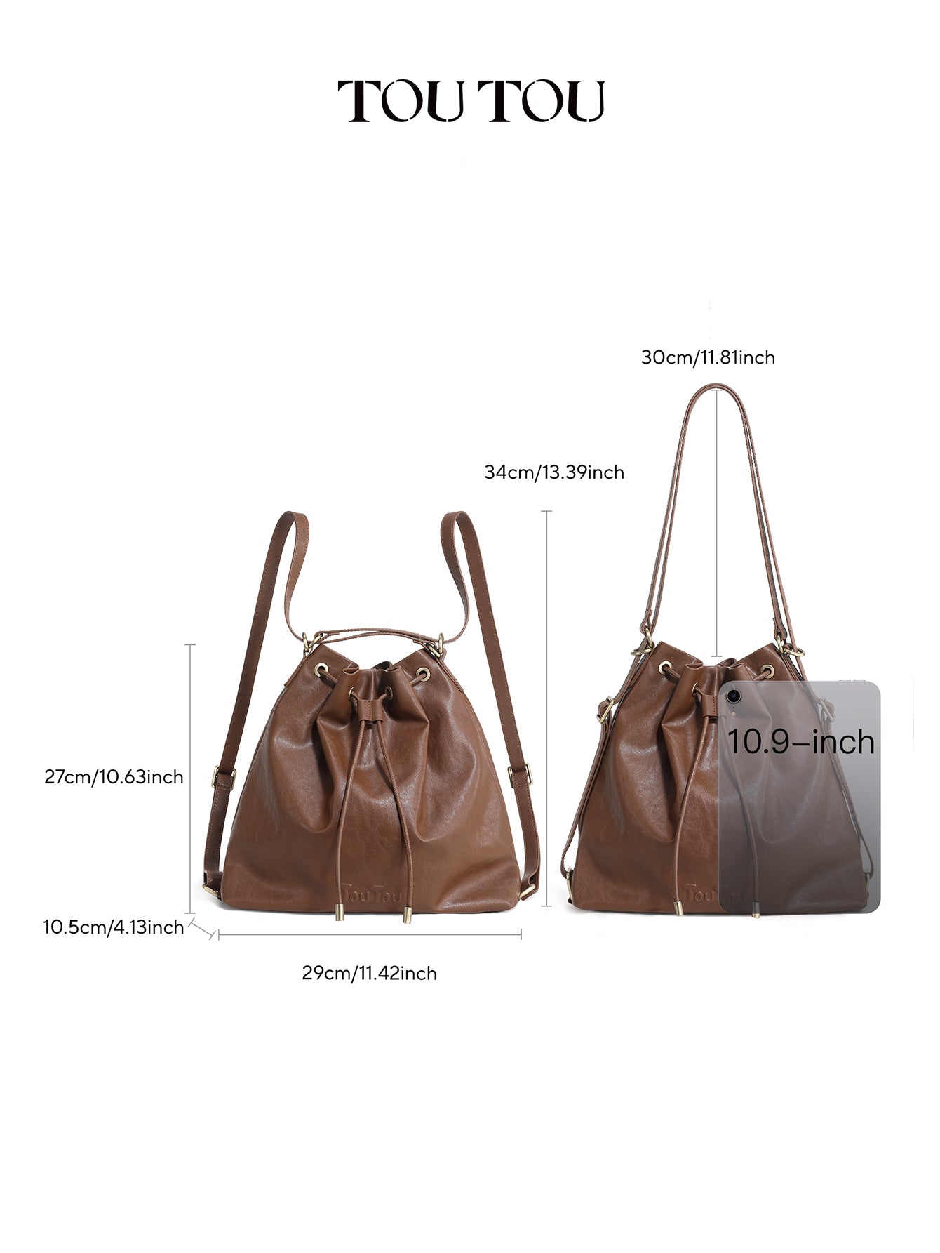 TOUTOU Cowhide Bucket Bag for Women - Drawstring Closure, Adjustable Strap Leather Shoulder Handbag