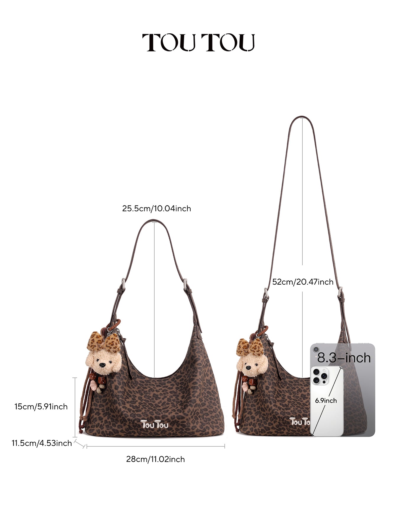 TOUTOU Leopard Print Hobo Bag for Women with Plush Puppy Pendant | Adjustable Strap & Synthetic Leather