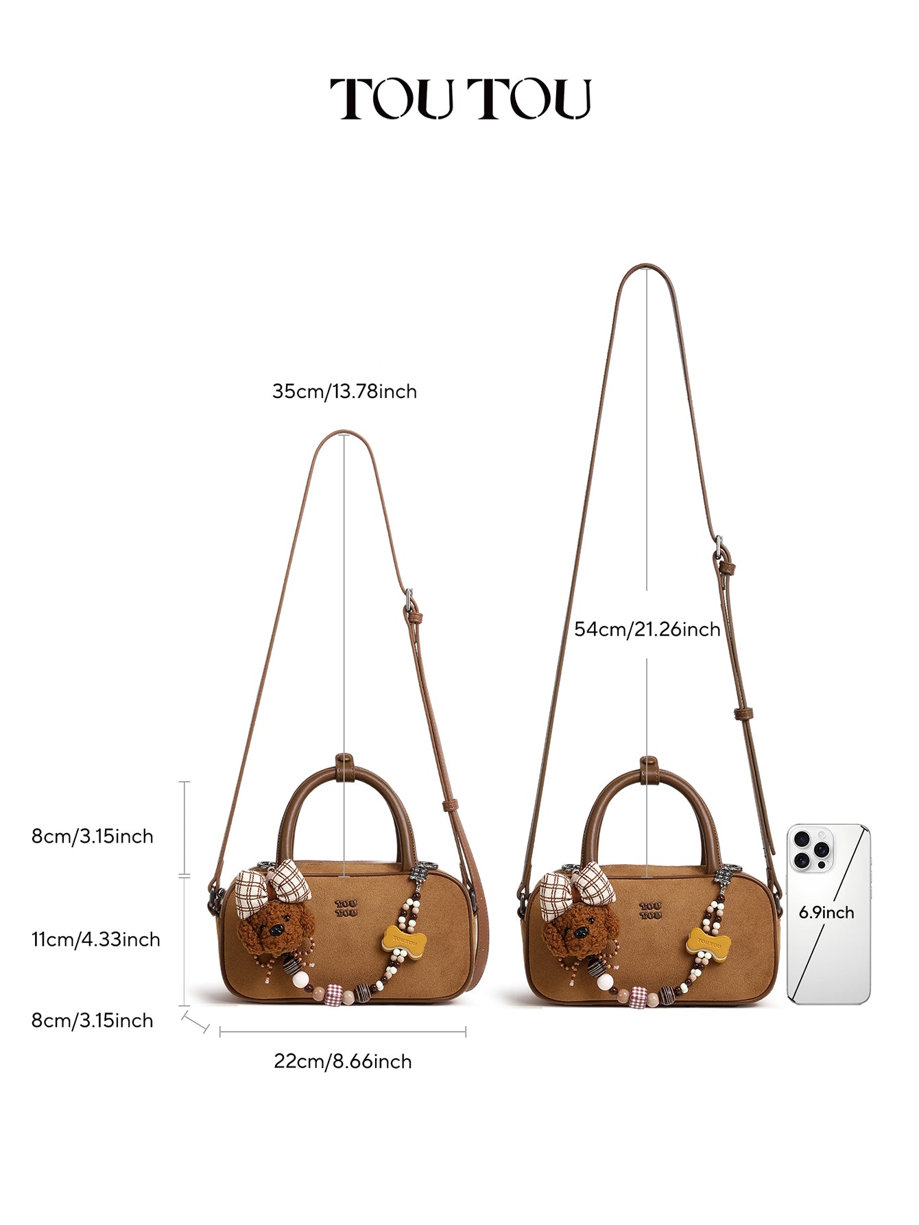 TOUTOU Cute Puppy Charm Crossbody Bag - Available in Smooth Leather or Soft Suede with Beaded Chain