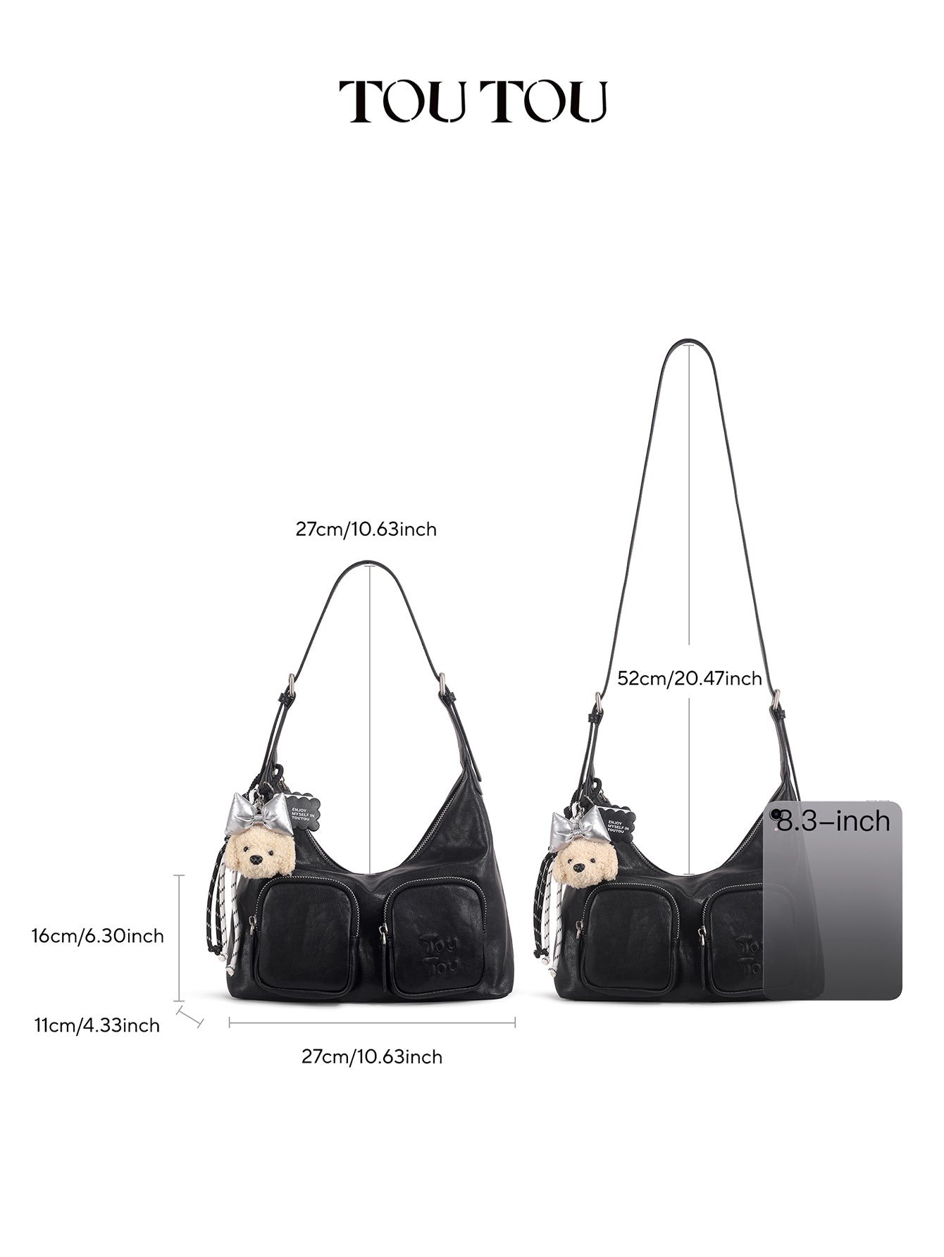 TOUTOU Black Hobo Bag with Plush Bear Pendant: Edgy & Cute