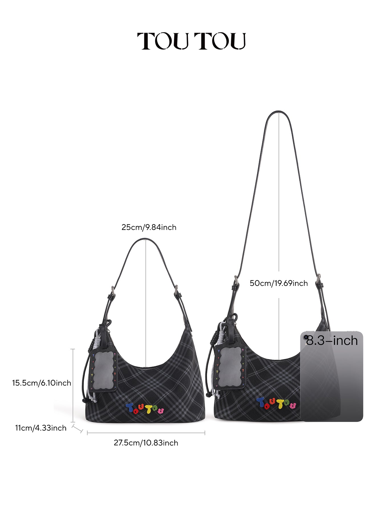 TOUTOU Black Plaid Hobo Bag with Colorful Branding: Trendy & Playful