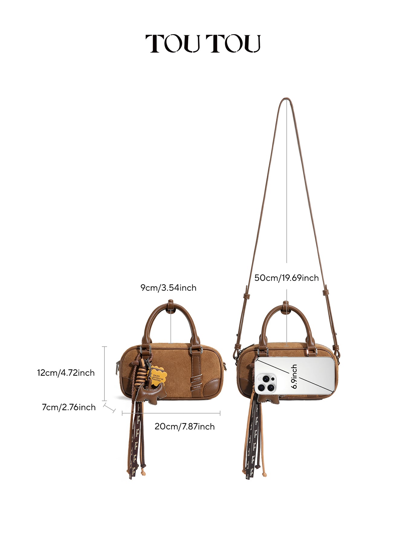 TOUTOU Brown Suede Boston Bag with Cute Pendant: Stylish & Compact