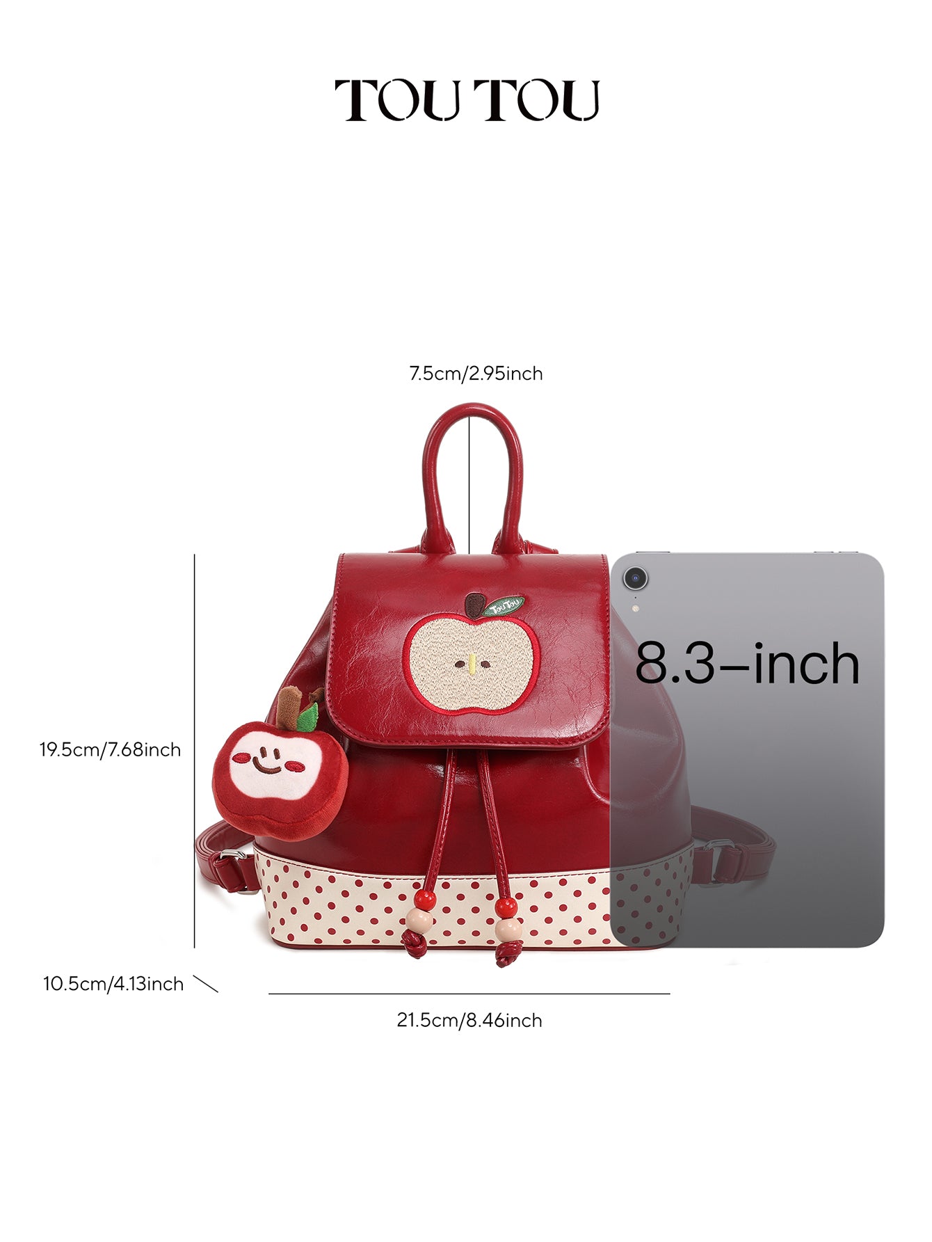 TOUTOU Cute Apple Embroidered Mini Backpack - Red Synthetic Leather Bag with Plush Pendant