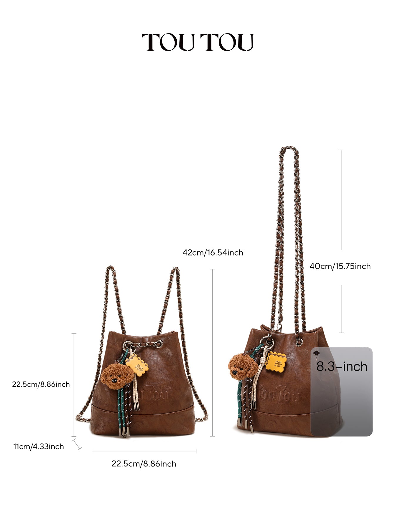 TOUTOU Brown Bucket Bag with Plush Dog Pendant | Adjustable Chain Strap & Microfiber Leather