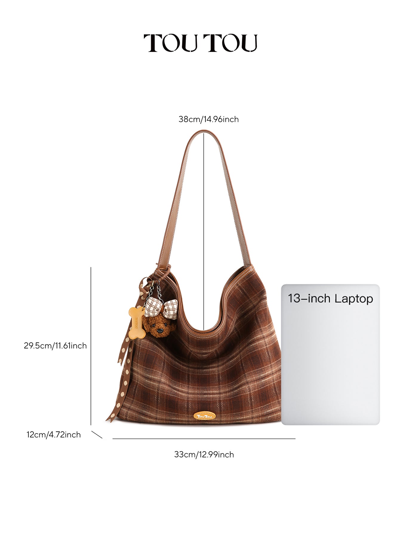 TOUTOU Plaid Hobo Bag for Women - Plush Teddy Pendant, Large Capacity Tote Fits 13" Laptop