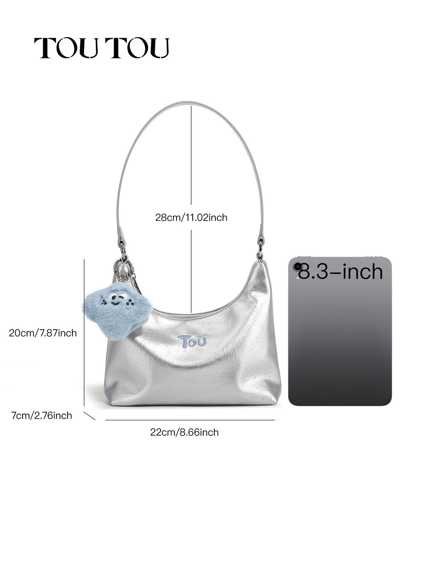 TOUTOU Metallic Hobo Bag with Plush Pendant: Shiny & Cute