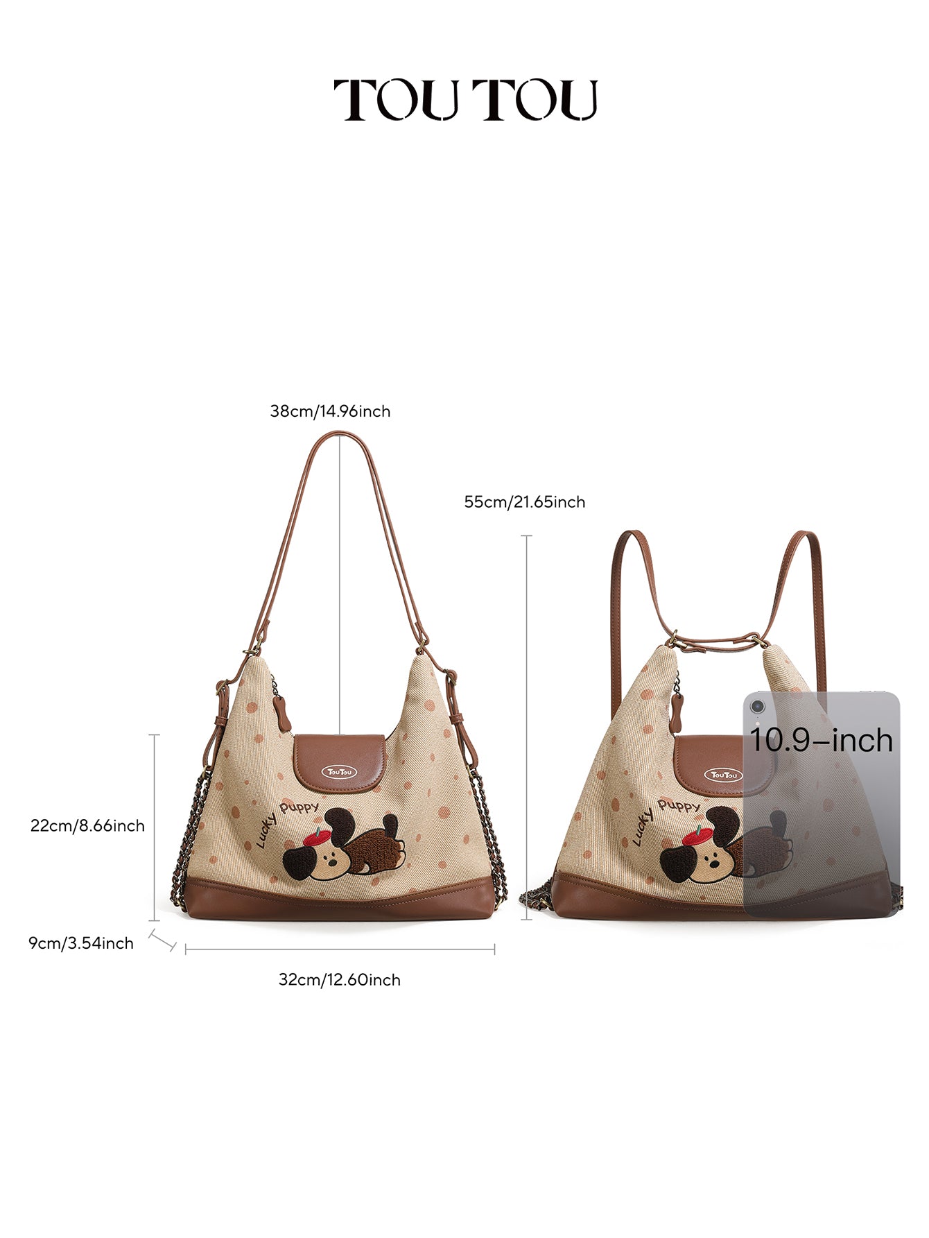 TOUTOU Cute Cartoon Puppy Embroidered Hobo Bag - Microfiber Leather Shoulder Bag with Adjustable Strap 41174
