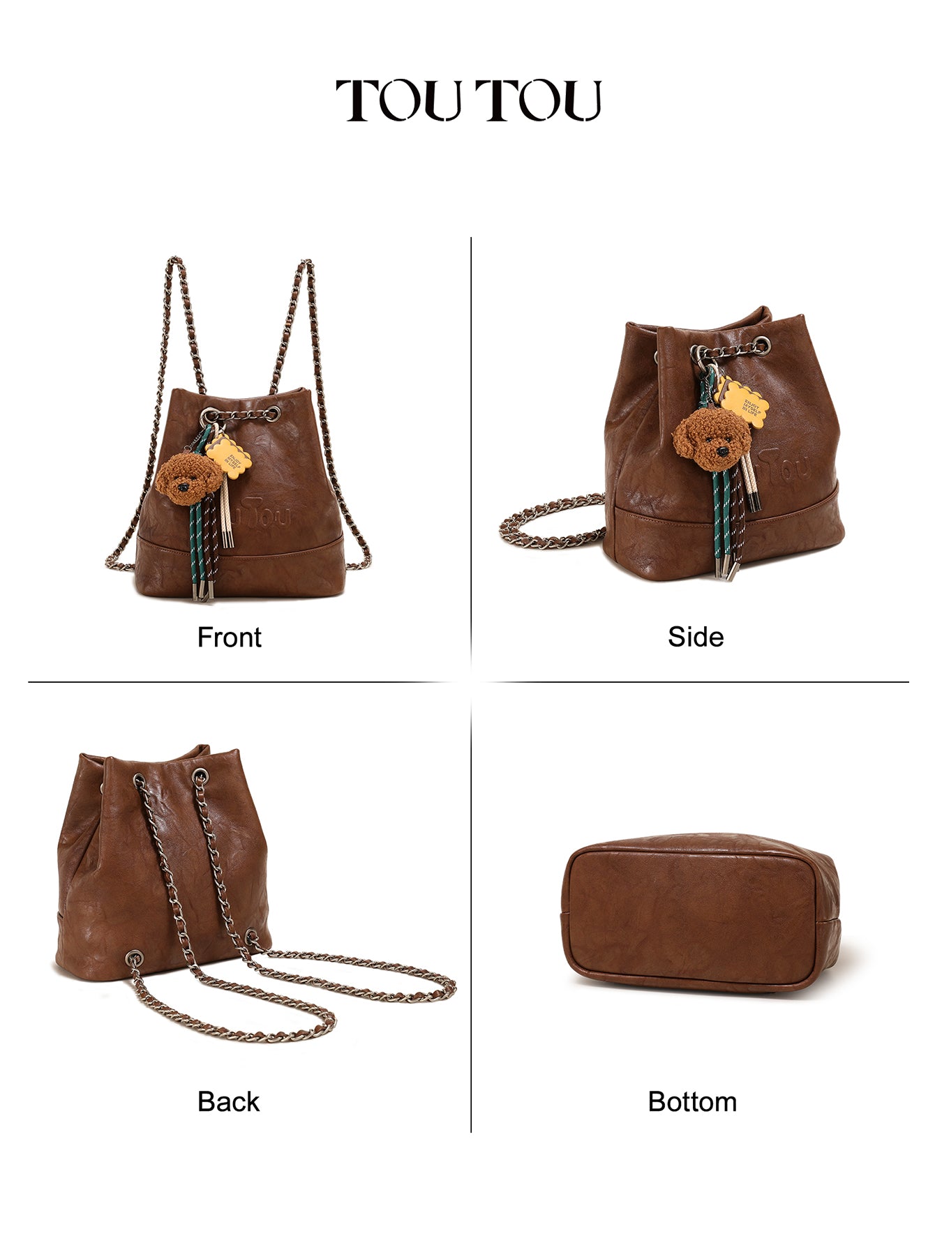 TOUTOU Brown Bucket Bag with Plush Dog Pendant | Adjustable Chain Strap & Microfiber Leather