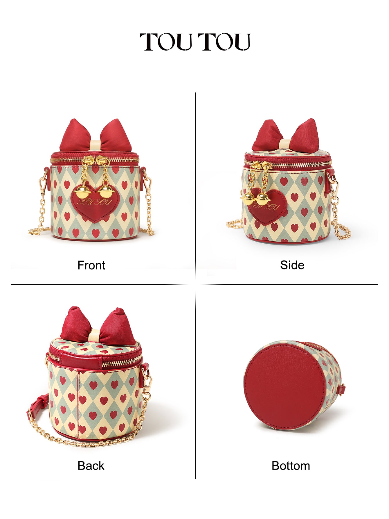 TOUTOU Heart Print Cylinder Crossbody Bag - Cute Bow Decor Mini Shoulder Bag with Chain Strap