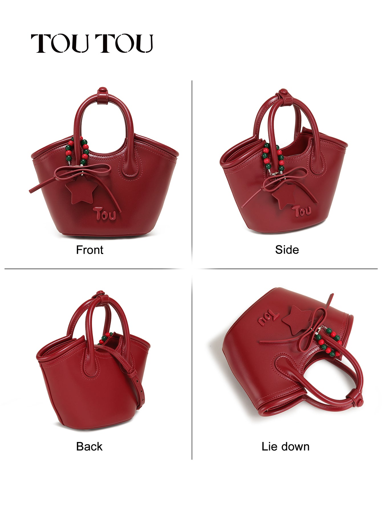 TOUTOU Red Bucket Bag: Star - Bead Accents, Chic Versatility