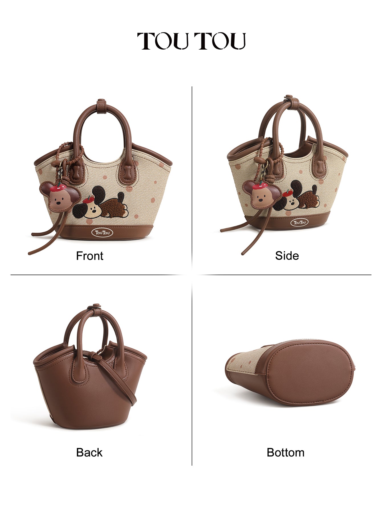 TOUTOU Cartoon Dog Embroidered Tote Bag - Mother-Daughter Set with Removable Strap & Cosmetic Pouch