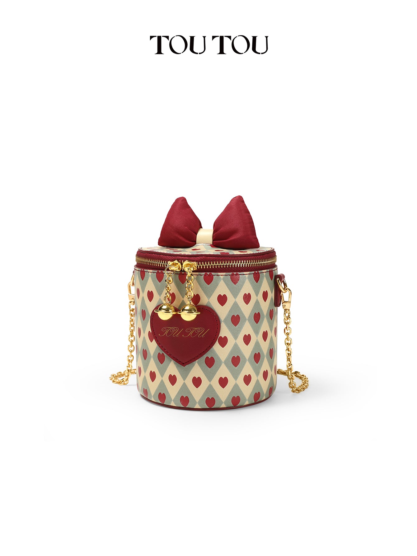 TOUTOU Heart Print Cylinder Crossbody Bag - Cute Bow Decor Mini Shoulder Bag with Chain Strap